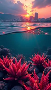 art by Kai Fjell and Robert Hagan and Collin Elder , photograph, majestic, landscape of a Sweltering Comfortable La Paz in the distance there is a Android metropolis
