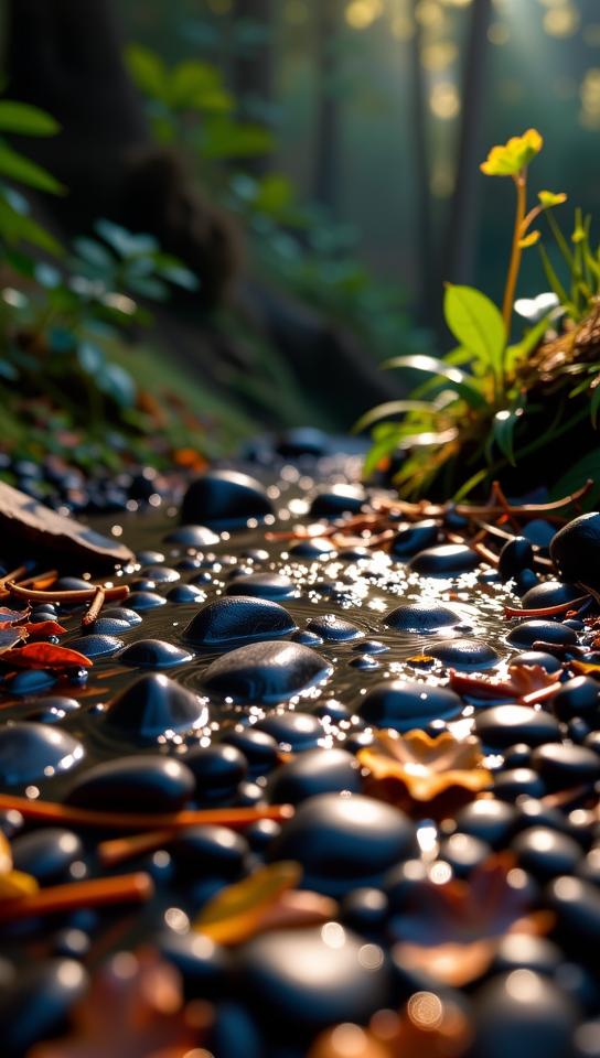 photograph, Charcoal water with Pine needle carpet, contemporary fine detail, surreal