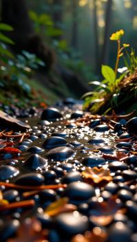 photograph, Charcoal water with Pine needle carpet, contemporary fine detail, surreal