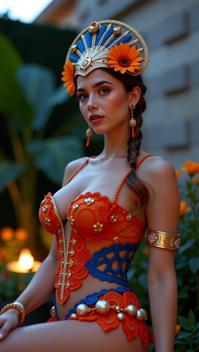 Very sexy woman in sexy outfit, photograph, concept art, angle from below of a Feralcore Enchanted Orange and Blue Macanese Pen
