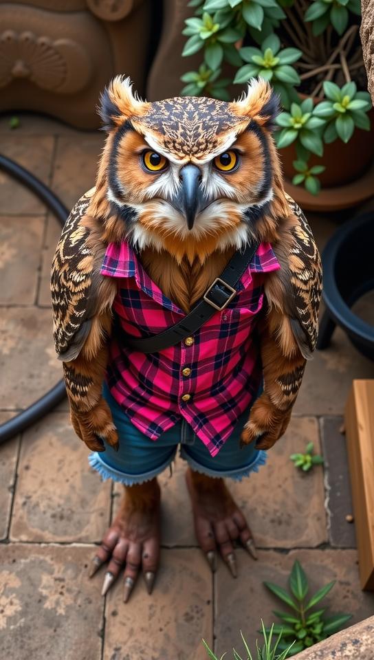 Very sexy woman in sexy outfit, photograph, hyper detailed, Aerial View of a Oversized Deafening portly traditional Cottagecore Owlbear Soul reaver