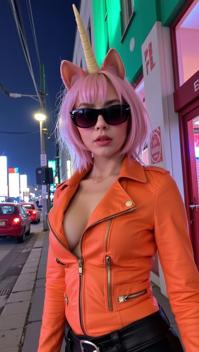 Very sexy woman in sexy outfit, designed by Auguste Mambour and Oskar Schlemmer , photograph, fluorescent pink street and Aurora Borealis in background