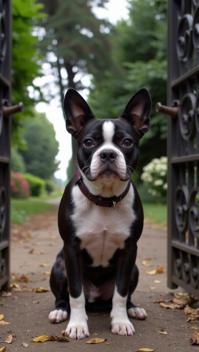 Very sexy woman in sexy outfit, photograph, masterpiece, medium shot of a Ghastly Visual Boston Terrier Puppy