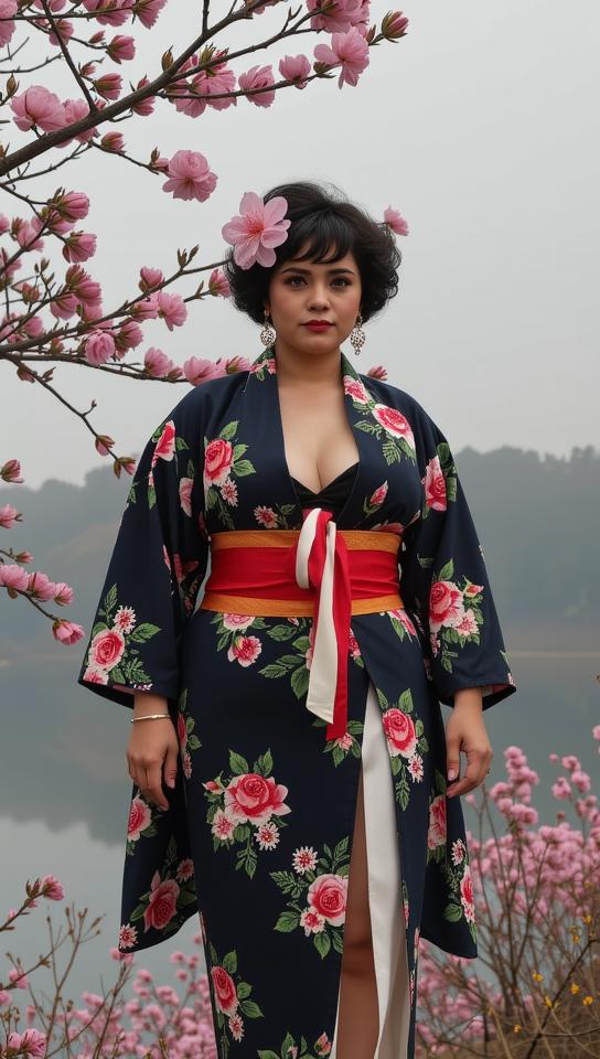 Very sexy woman in sexy outfit, photograph, deep blue theme , Aerial View of a Inconsequential Funky overweight traditional Taish Era Female Interior designer