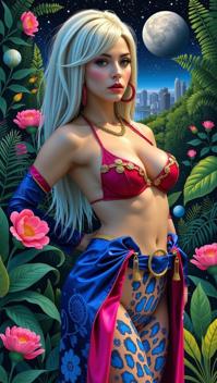 Very sexy woman in sexy outfit, art by Jan Toorop and Diego Rivera and Bernardo Strozzi , photograph, dense vegetation and city