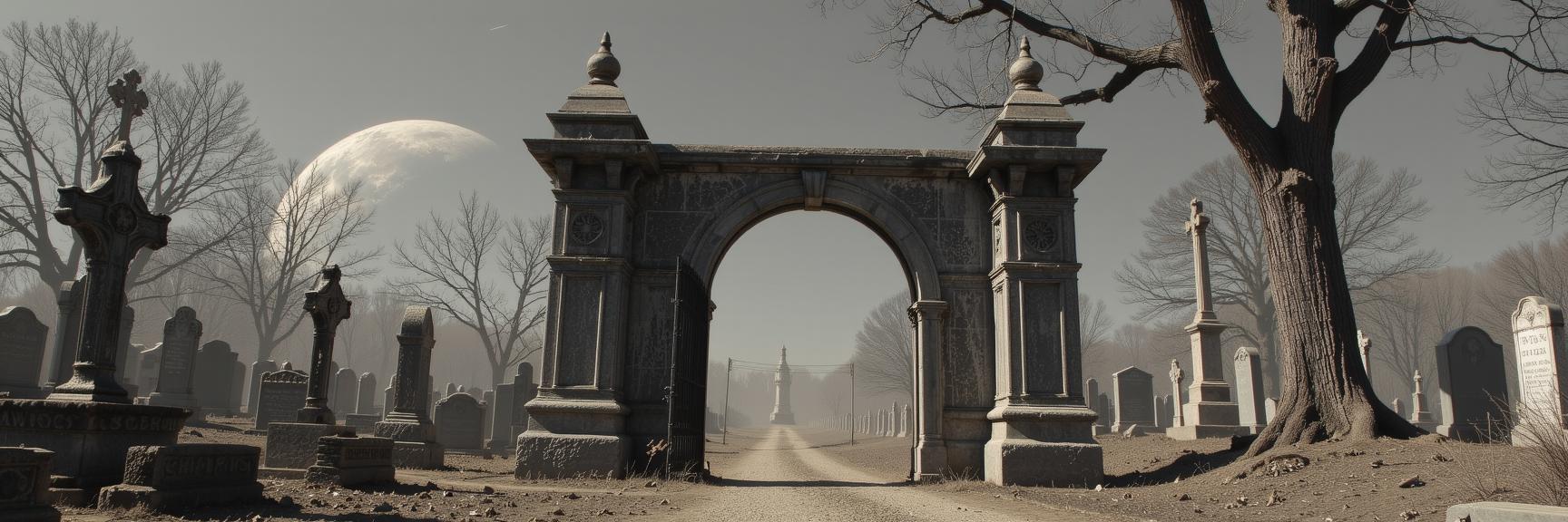 stylized by Tom Whalen and Hiromu Arakawa and Squeak Carnwath and Sir James Guthrie , photograph, Suffering, landscape of a Gruesome Metallic Baldur s Gate from inside of a Eerie fog covered cemetery