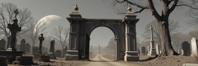 stylized by Tom Whalen and Hiromu Arakawa and Squeak Carnwath and Sir James Guthrie , photograph, Suffering, landscape of a Gruesome Metallic Baldur s Gate from inside of a Eerie fog covered cemetery