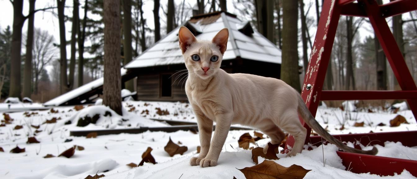designed by David Cronenberg , photograph, elegant, Full length frame of a Colorless and Neutral Cornish Rex Kitten with Iridescent details