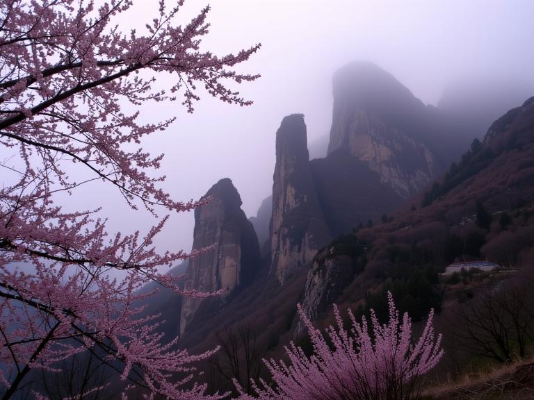 photograph, Hopeless, landscape of a Highmountain from inside of a cherry blossom pink Monoliths, it is very Health Goth Art and Misshapen