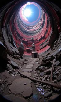 by Peter Lindbergh and Samuel Silva and Charley Harper and Alyssa Monks , photograph, hyper detailed, landscape of a Horrid Cloth covered Mithril Hall from inside of a Underwater volcano