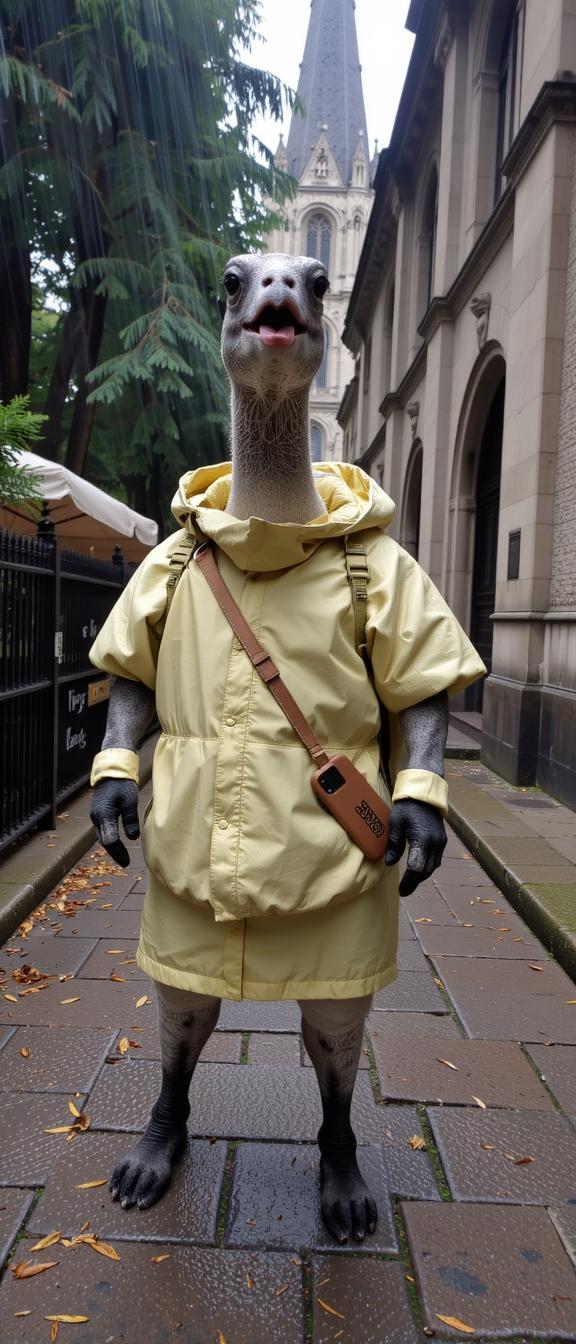 photograph, surreal, elegant, Street level shot of a Foul Glamorous stout traditional Rwandan European Turtle Dove Henchman