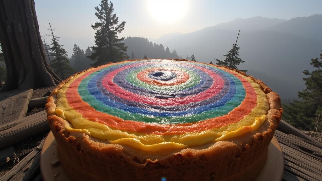 photograph, rainbow swirl, wide shot of a Prussian bake , the bake is very Bizarre and Awe Inspiring