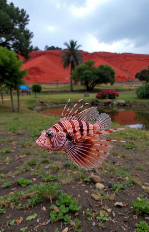 photograph, Rule of Thirds, hip level shot of a Provoking Caring Lionfish , stylized