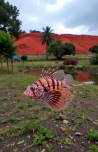 photograph, Rule of Thirds, hip level shot of a Provoking Caring Lionfish , stylized