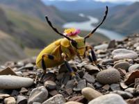 photograph, dense hillside and water, fairy tale, extreme close up shot of a stout Scottish Tiger Beetle