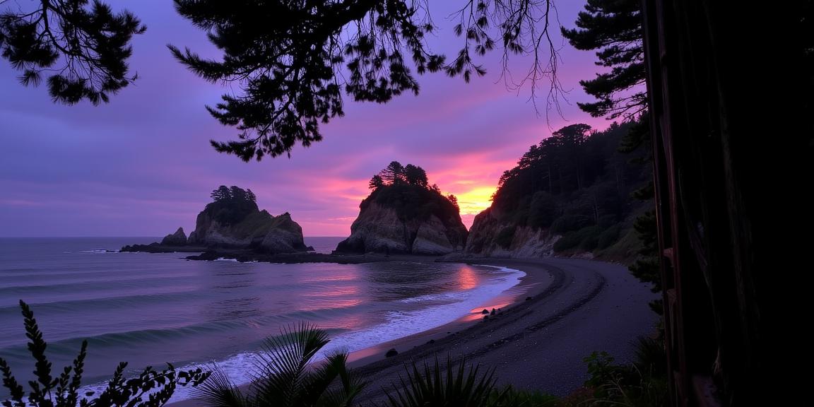 photograph, attractive, landscape of a Pulsating Lifelike Saint Peter Port from inside of a Redwood National and State Parks, from inside of a Happy Pedestrian bridge