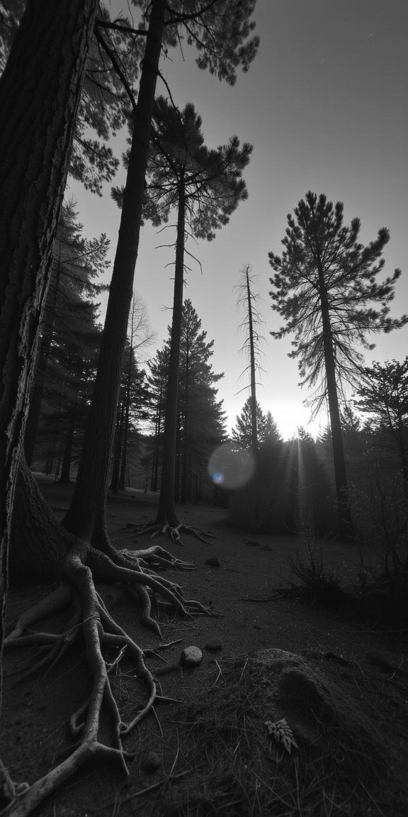 designed by Pierre Bonnard , photograph, Rule of Thirds, landscape of a Exoplanet Colony from inside of a dark forest