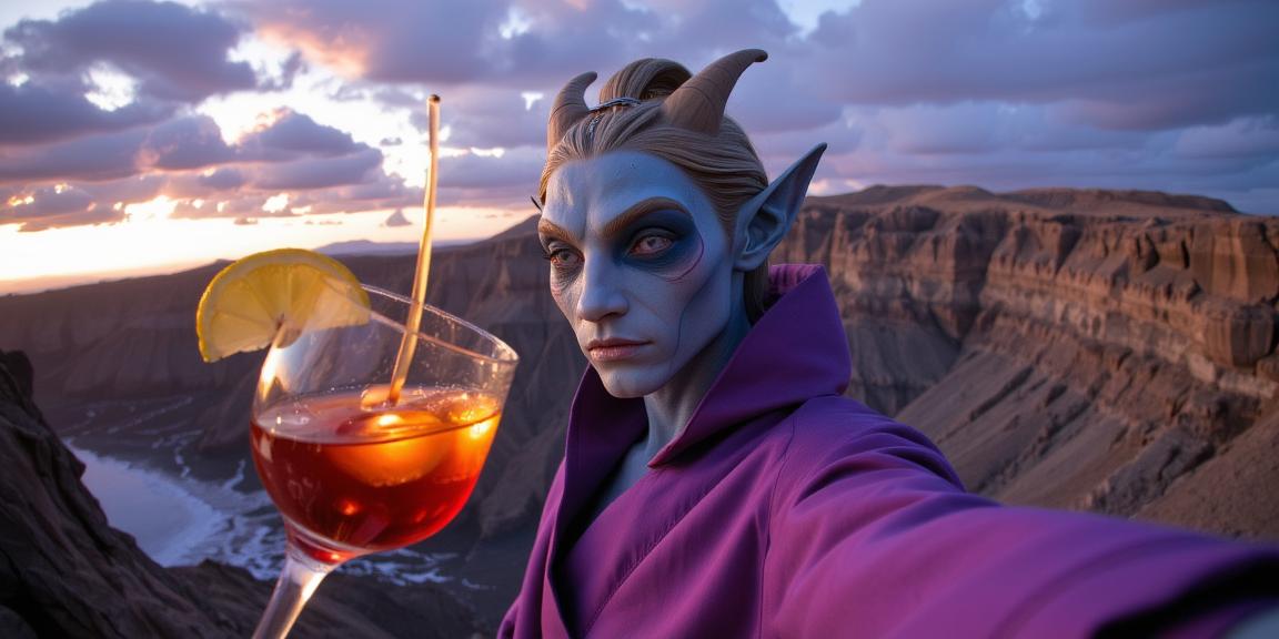 photograph, fairy tale, selfie shot angle of a Cromulent Wispy fit Bantu Male Draenei , he is inside a Juice glass