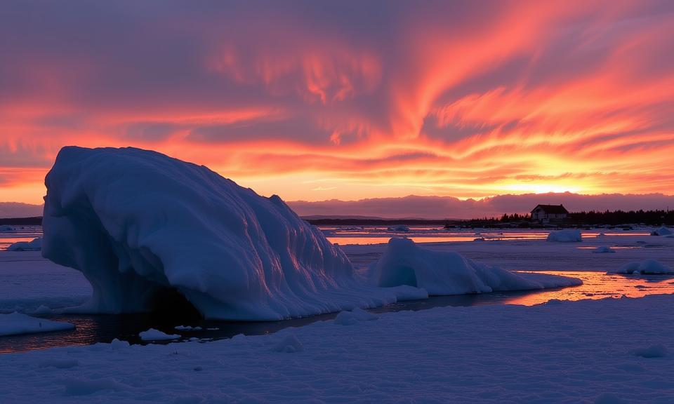 photograph, best quality, landscape of a Rubbery Sickening Iceberg in the distance there is a Guesthouse, crowded pond and Cygnus X in background