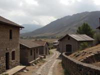 photograph, surreal, landscape of a Emberstone Village of the Fiery Highlands from inside of a Valparaiso, it is very Nervous and Welcoming