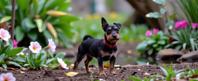 stylized by Eleanor Fortescue Brickdale and Theo van Doesburg , photograph, cozy, ground level shot of a Synthwave Art Dimensional pokemon style Miniature Schnauzer Puppy