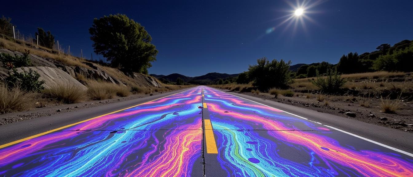 by Louis Comfort Tiffany and Hans Haacke and John Stuart Ingle , photograph, Light and Bright, POV shot of a Insecure Petrified Emo Highway