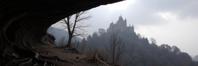 photograph, concept art, landscape of a Abandoned Hairy Time Dilation Field from inside of a Castle in the clouds, from inside of a Wavy Cafe