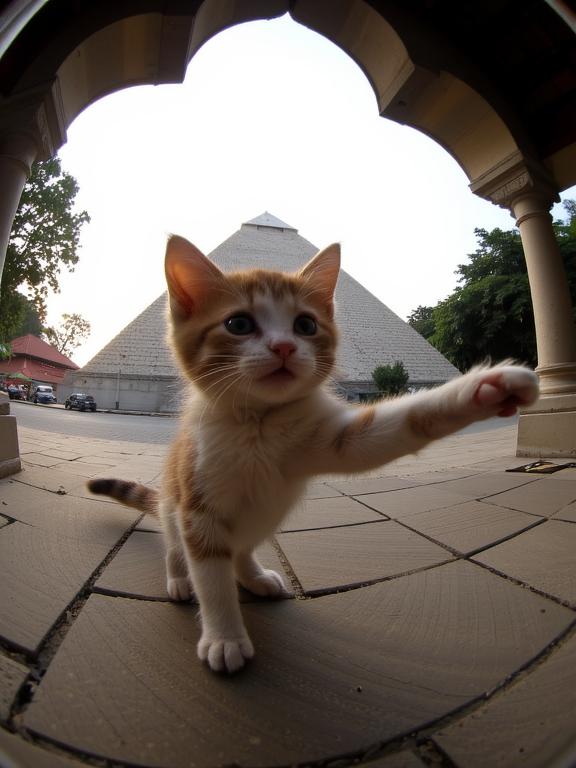 photograph, Golden ratio, view of a Persian Kitten of Guilt Dancing at a Temple, it is very Witty and Creative