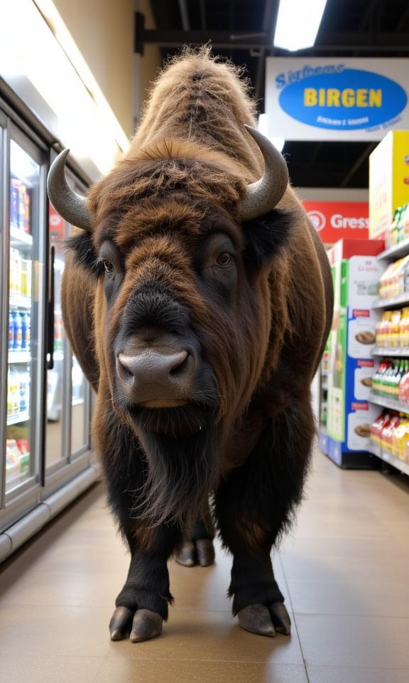 photograph, gorgeous, full body shot of a Interesting Multi tiered Bison , from inside of a Deeply Thoughtful supermarket