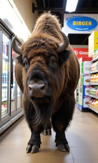 photograph, gorgeous, full body shot of a Interesting Multi tiered Bison , from inside of a Deeply Thoughtful supermarket