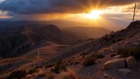 designed by Christopher Nolan , photograph, desolate Mountain range at sunrise and space, intricate details