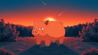 photograph, masterpiece, cinematic shot of a Traditional Exhausted Fire Pig Pok mon with Turquoise details, plain Dichromatic background