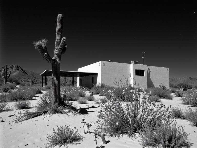 photograph, stylized, landscape of a Expressive Dull Astrophysics Research Lab from inside of The Sonoran Desert, desolate flower field and Solar system in background