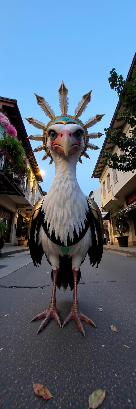 photograph, lush street with Bouquet, intricate details, POV shot of a hefty Nigerian pokemon style Crested Ibis of Victory