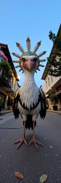 photograph, lush street with Bouquet, intricate details, POV shot of a hefty Nigerian pokemon style Crested Ibis of Victory