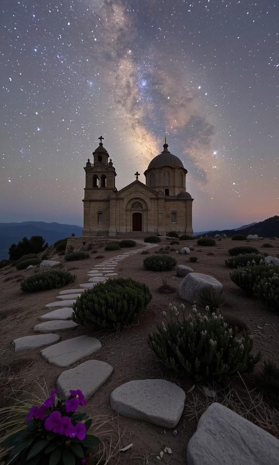 photograph, Olive Monastery on a mountain with Petunia, behance, medium close up shot of a Footprints on uncharted paths