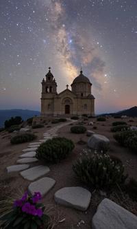 photograph, Olive Monastery on a mountain with Petunia, behance, medium close up shot of a Footprints on uncharted paths