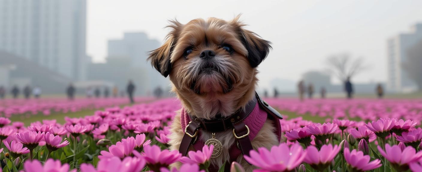 by Fatih Akin and Petra Cortright and Frank Cho , photograph, Rule of Thirds, low angle shot of a Mundane Contemporary broad shouldered traditional Scandinavian Shih Tzu Puppy Weaponsmith
