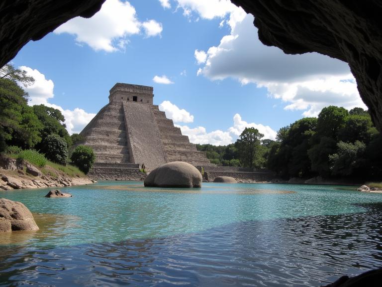 photograph, award winning, masterpiece, landscape of a Holy Tiffed Aquatic Ruin Zone from inside of The Pyramids of Teotihuacan