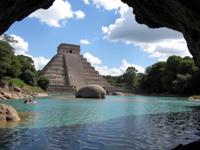 photograph, award winning, masterpiece, landscape of a Holy Tiffed Aquatic Ruin Zone from inside of The Pyramids of Teotihuacan