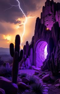 photograph, masterpiece, rear angle of a Synthpunk Doubtful The Discovery of Delight , DayGlo purple dungeon with Cactus