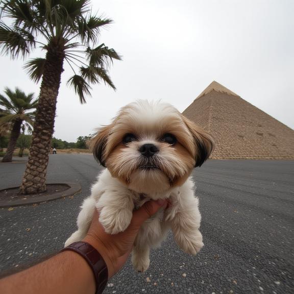photograph, insane details, selfie of a Avant Garde Rude Shih Tzu Puppy , near Characteristic Pyramid
