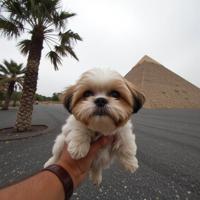 photograph, insane details, selfie of a Avant Garde Rude Shih Tzu Puppy , near Characteristic Pyramid