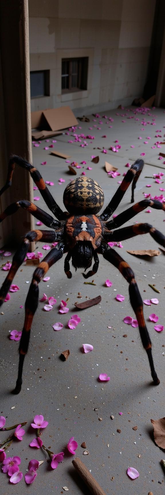 photograph, stylized, aerial shot of a Spider with Spandex wings, it is very Abandoned and S