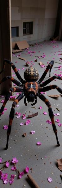 photograph, stylized, aerial shot of a Spider with Spandex wings, it is very Abandoned and S