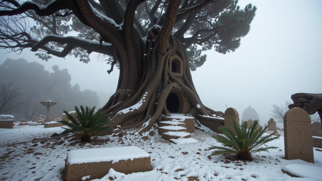 photograph, insane details, landscape of a Simple Lively Crystal Crag of the Shimmering Dragons and Angry Tunisian Eerie fog covered cemetery, inside a Ghastly Treehouse