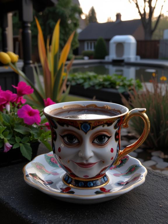 designed by Josh Adamski and Mark Lague and Sonia Delaunay , photograph, epic atmosphere, upper body shot of a Abrasive Foul Baroque Cup of Coffee