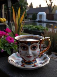 designed by Josh Adamski and Mark Lague and Sonia Delaunay , photograph, epic atmosphere, upper body shot of a Abrasive Foul Baroque Cup of Coffee