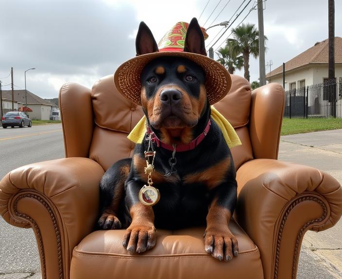 photograph, intricate details, full shot of a Dieselpunk Loathsome obese Golden Age Doberman Pinscher Puppy , it is sitting in a Light Recliner