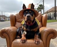 photograph, intricate details, full shot of a Dieselpunk Loathsome obese Golden Age Doberman Pinscher Puppy , it is sitting in a Light Recliner